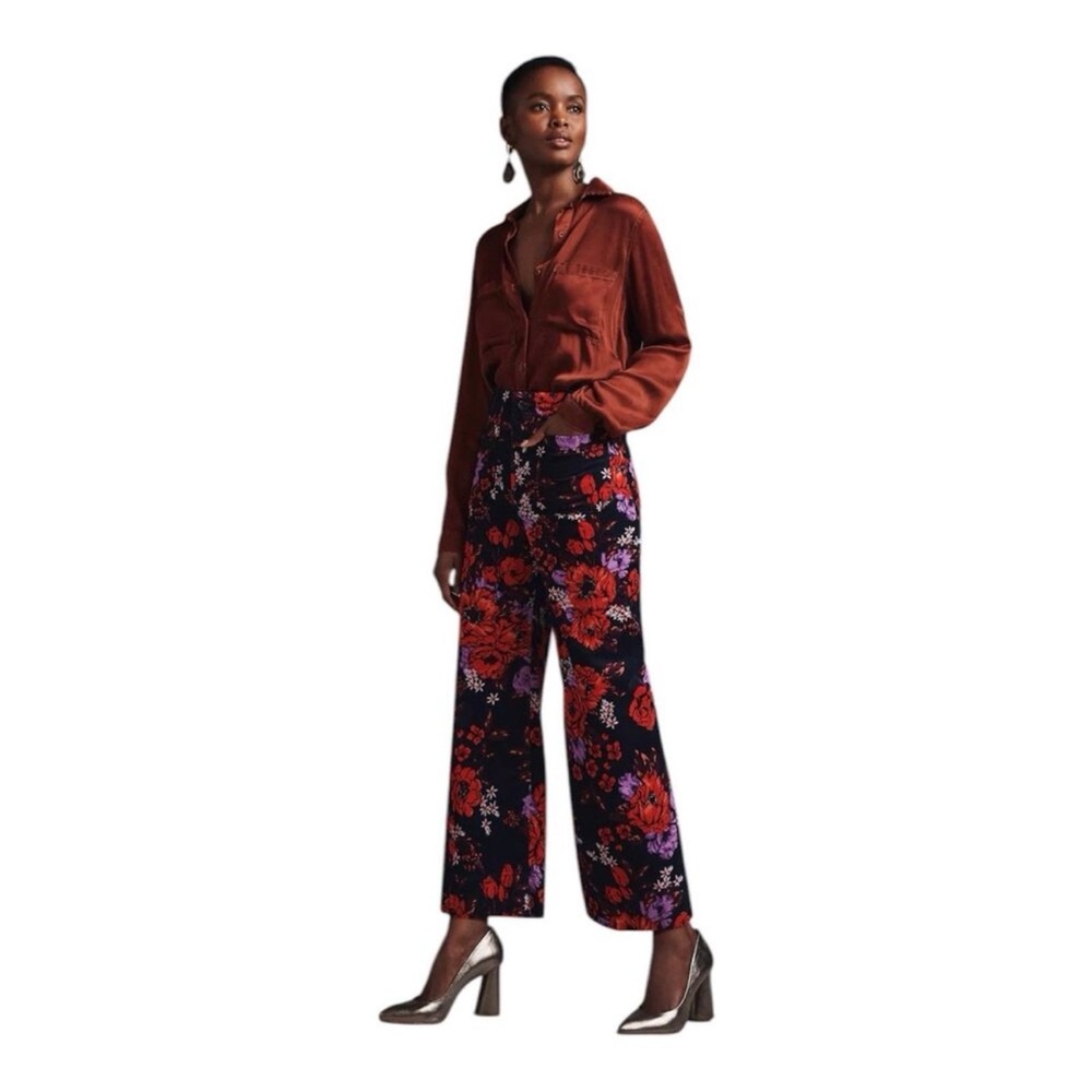 Anthropologie Maeve The Colette Cropped Wide-Leg Velvet Pants Floral 27 like new